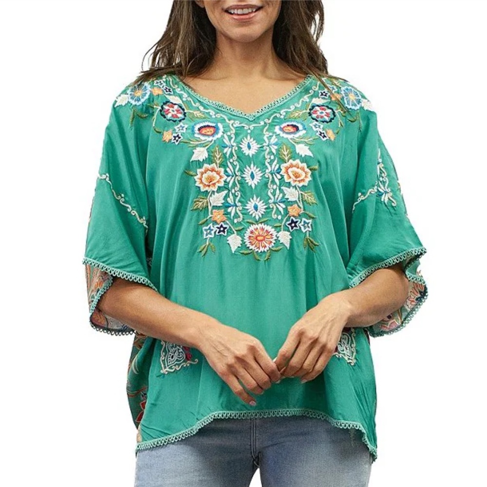 Karyn Seo Embroidered V-Neck Short Sleeve Printed Back Blouse